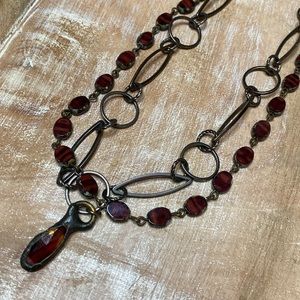 LOYAL MUSE Necklace Gunmetal Chain, Red Crystal Rosary & Pendant. 19”